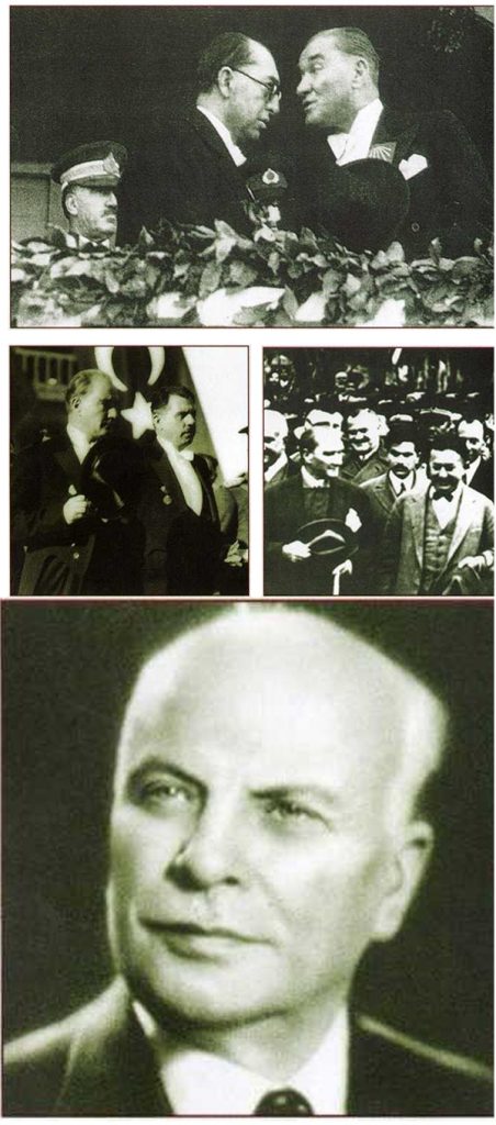 Masonlar Türkiye Cumhuriyeti’nin kuruluşunda önemli bir rol oynadılar. Atatürk, Dışişleri Bakanı Tevfik Rüştü Aras’la (en üstte), Meclis Başkanı Kazım Özalp’la (üstte solda), İçişleri Bakanı Şükrü Kaya ile (üstte sağda). Atatürk’ün doktoru Mim Kemal Öke (altta).